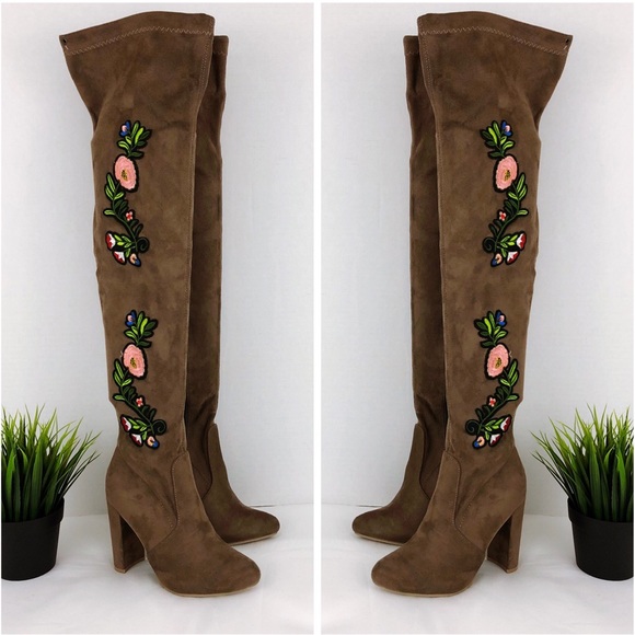 TOP Moda Shoes - TOP MODA Faux Suede Over the Knee Boot embroidered